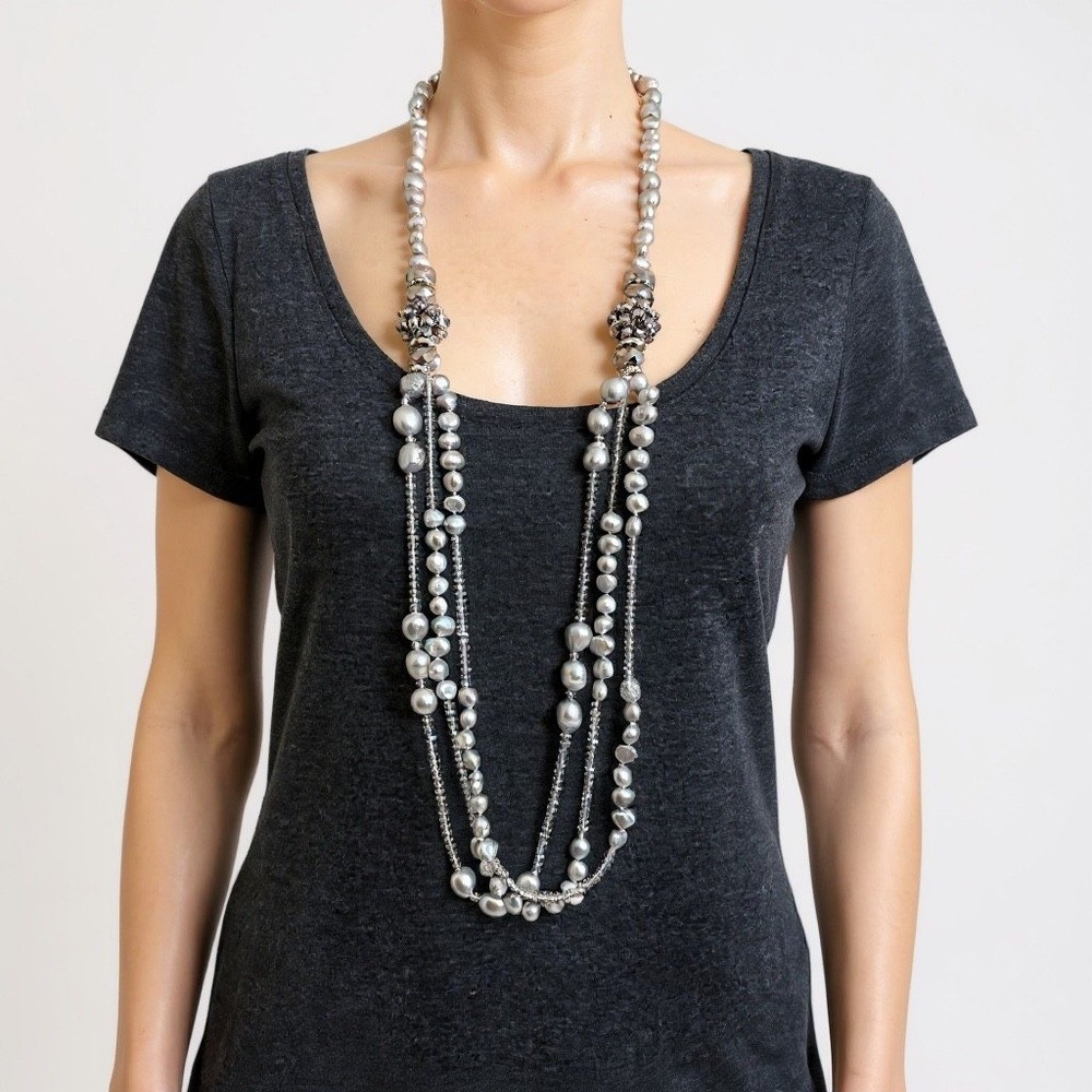 Ana Capri Multi Strand‎ Freshwater Pearl Necklace Gray Silver Tone Beads